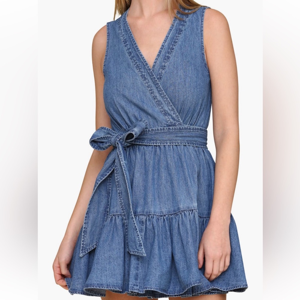 Avec Les Filles Tie Waist Wrap Women’s Denim Minidress Sz 10 $159